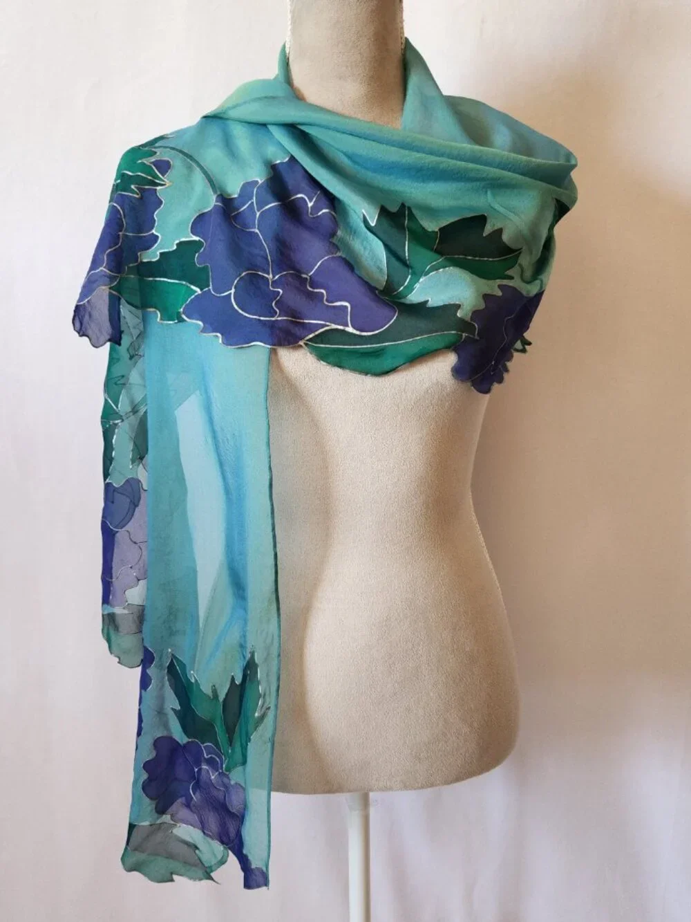 Betty Lathrop Women's Teal Purple Hand Painted Floral Sheer Silk Scarf Wrap
